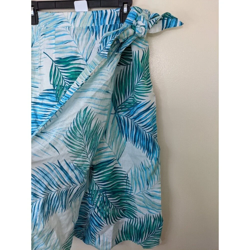 Tahari Midi Wrap Skirt 100% Linen Palm Leaves Tropical Vacation Elastic Back XL